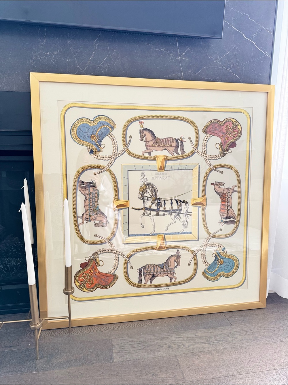 Hermes Gold Framed Equestrian Silk-Style Wall Art with Blue and Orange Accents